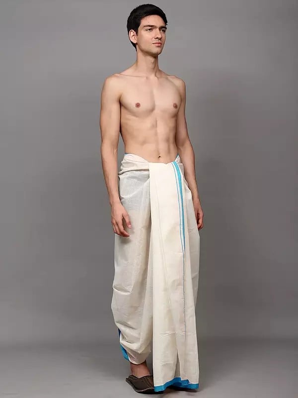 Exotic India Antique-White Cotton Dhoti With Woven Stripes Border 