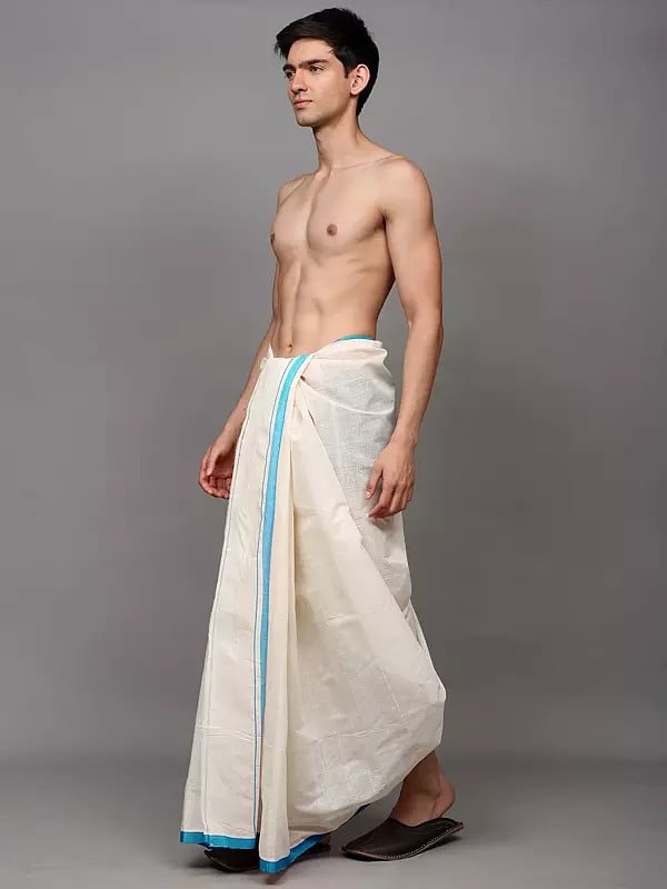 Exotic India Antique-White Cotton Dhoti With Woven Stripes Border 