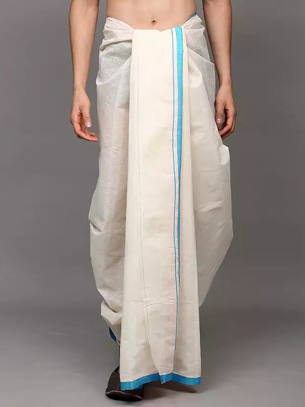 Exotic India Antique-White Cotton Dhoti With Woven Stripes Border 