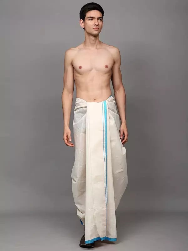exotic india Antique-White Cotton Dhoti with Woven Stripes Border 
