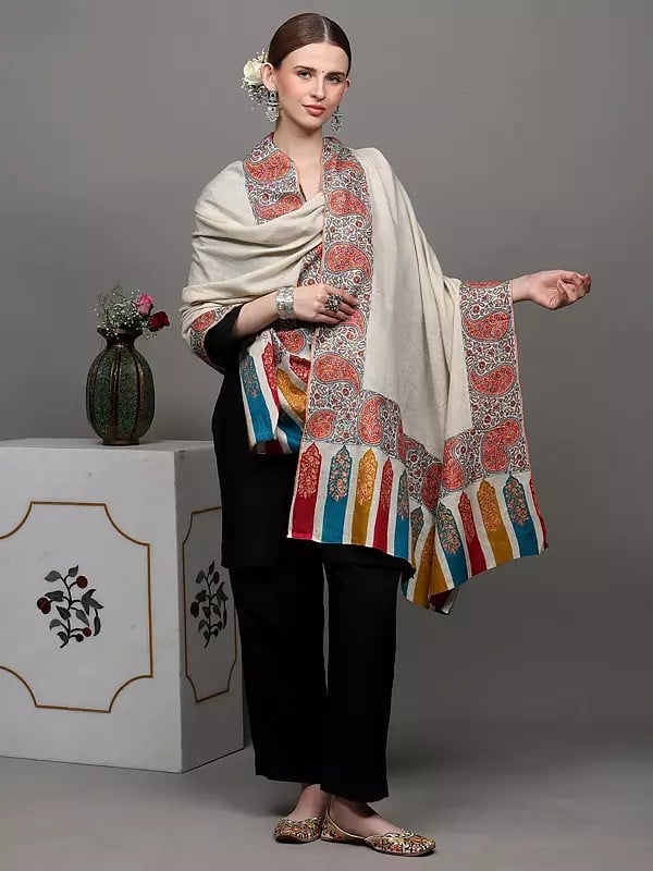 Exotic India Antique-White Pure Pashmina Shawl With Intricate Sozni Embroidered Paisley Border 