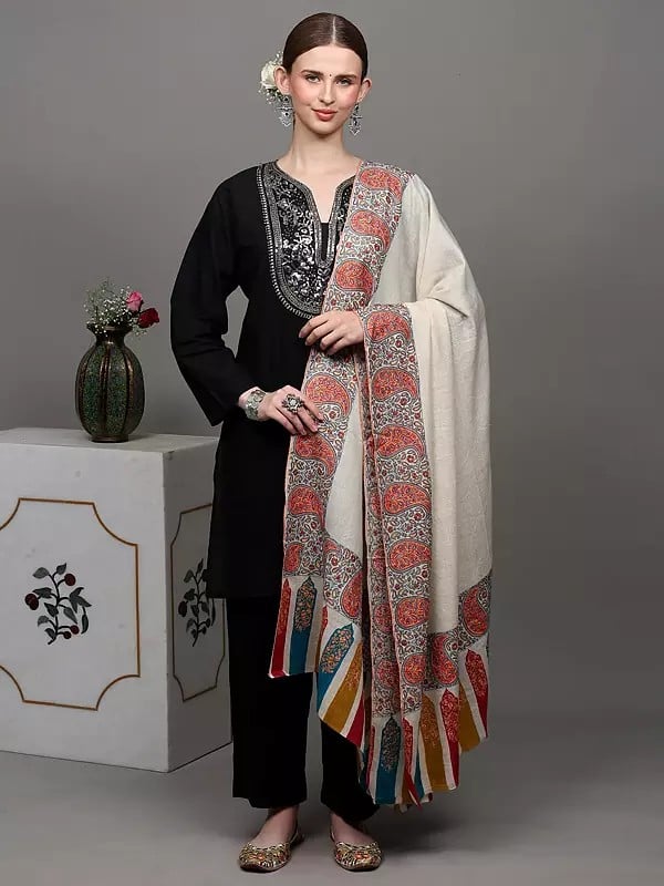 Exotic India Antique-White Pure Pashmina Shawl With Intricate Sozni Embroidered Paisley Border 