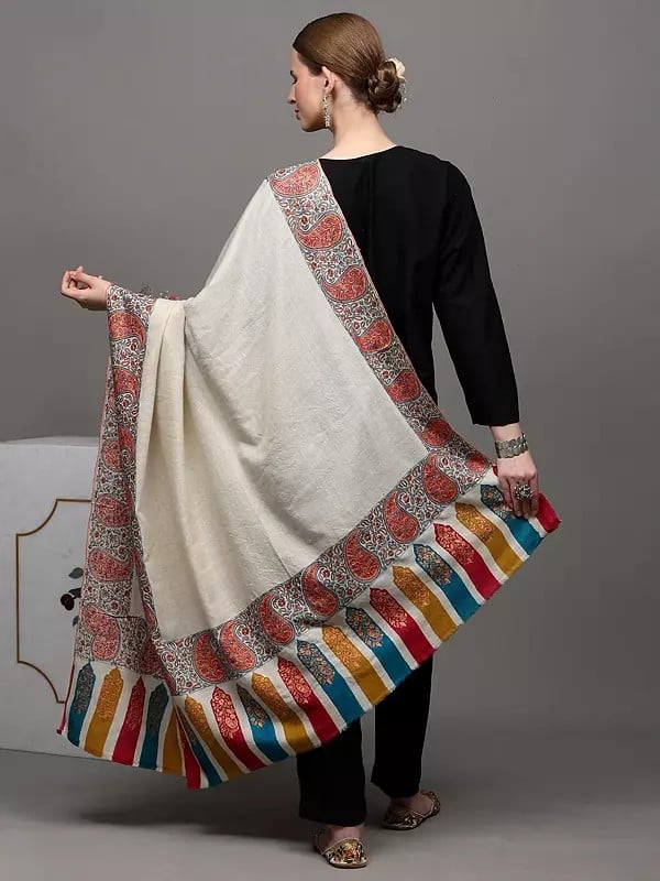 Exotic India Antique-White Pure Pashmina Shawl With Intricate Sozni Embroidered Paisley Border 