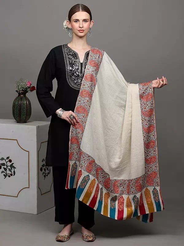 exotic india Antique-White Pure Pashmina Shawl with Intricate Sozni Embroidered Paisley Border 