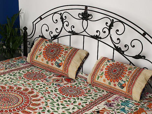 Exotic India Antique-White Pure Silk Kantha Bed Cover And Pillow Covers From Bengal With Multicolor Fine Animal Motif Embroidery That Takes An Year To Complete