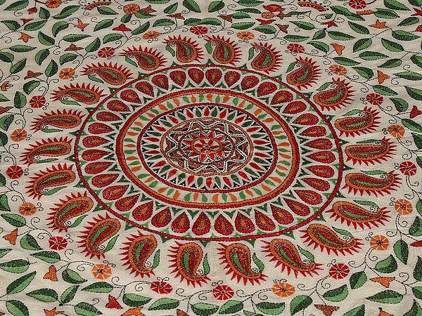 Exotic India Antique-White Pure Silk Kantha Bed Cover And Pillow Covers From Bengal With Multicolor Fine Animal Motif Embroidery That Takes An Year To Complete