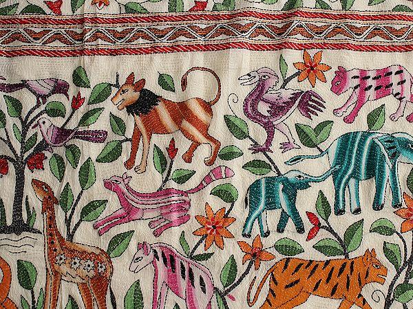 Exotic India Antique-White Pure Silk Kantha Bed Cover And Pillow Covers From Bengal With Multicolor Fine Animal Motif Embroidery That Takes An Year To Complete