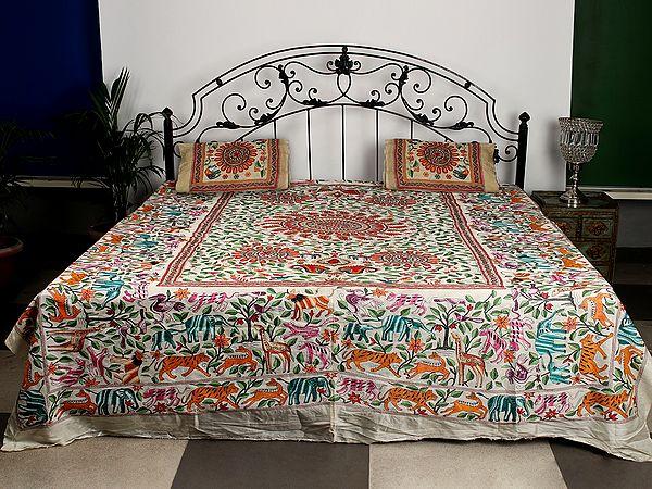 exotic india Antique-White Pure Silk Kantha Bed Cover And Pillow Covers From Bengal With Multicolor Fine Animal Motif Embroidery That Takes An Year To Complete 