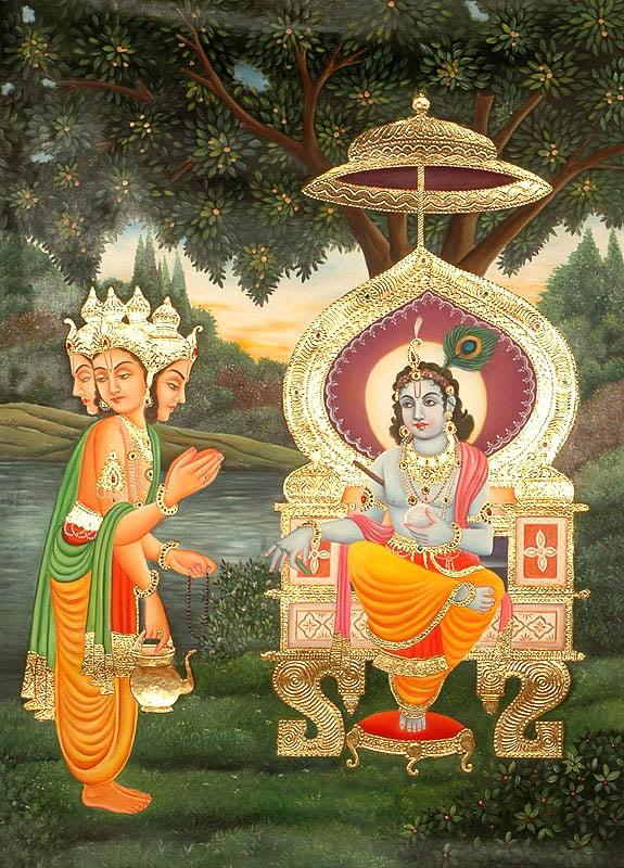 exotic india Apologetic Brahma Seeks Pardon from Krishna (From the Shrimad Bhagavata Purana) 
