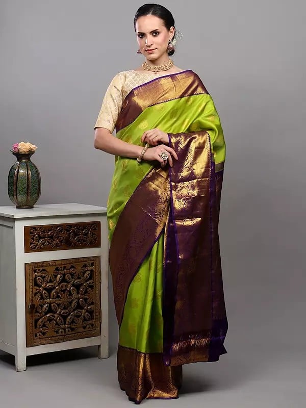 Exotic India Apple-Green Pure Silk Saree With Zari Woven Peacock-Paisley Bootis And Floral Vine Wide Border From Bangalore 