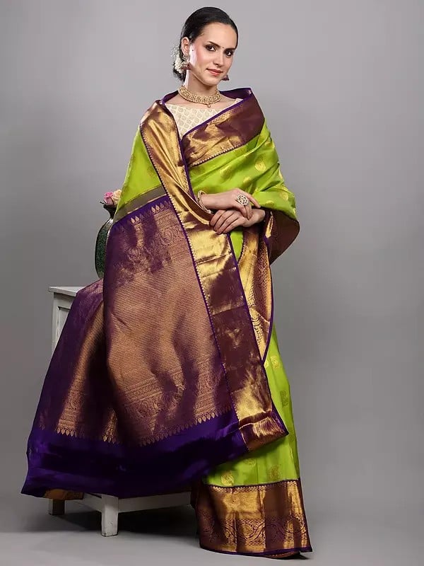 Exotic India Apple-Green Pure Silk Saree With Zari Woven Peacock-Paisley Bootis And Floral Vine Wide Border From Bangalore 