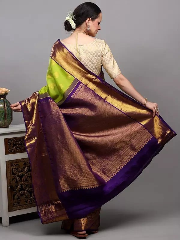 Exotic India Apple-Green Pure Silk Saree With Zari Woven Peacock-Paisley Bootis And Floral Vine Wide Border From Bangalore 