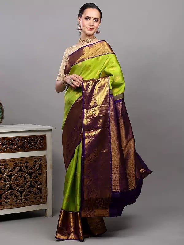 exotic india Apple-Green Pure Silk Saree with Zari woven Peacock-Paisley Bootis and Floral Vine Wide Border from Bangalore 