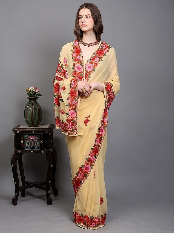 Exotic India Apricot-Gelato Floral Aari Embroidered Georgette Saree From Kashmir 