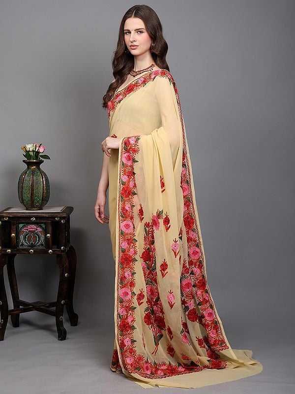 Exotic India Apricot-Gelato Floral Aari Embroidered Georgette Saree From Kashmir 