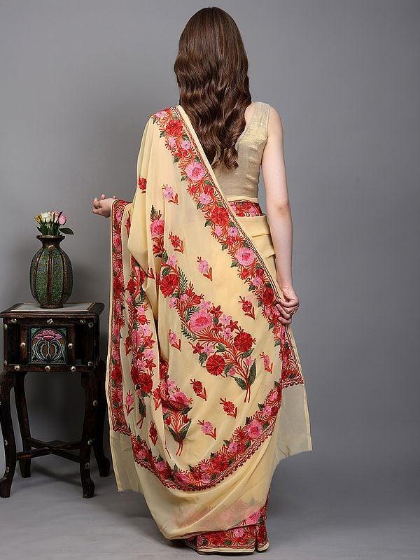 Exotic India Apricot-Gelato Floral Aari Embroidered Georgette Saree From Kashmir 