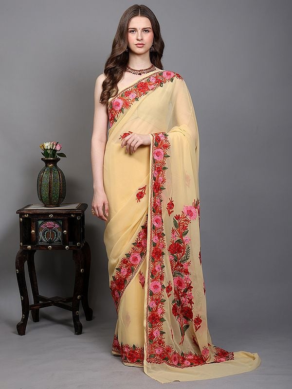 exotic india Apricot-Gelato Floral Aari Embroidered Georgette Saree from Kashmir 
