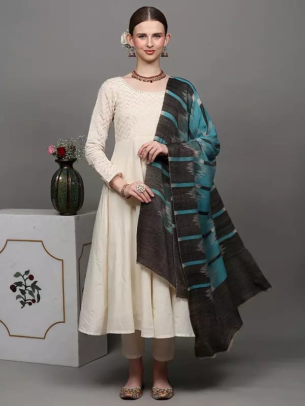Exotic India Aqua-Blue Pure Pashmina Stole With Ikat Weave 