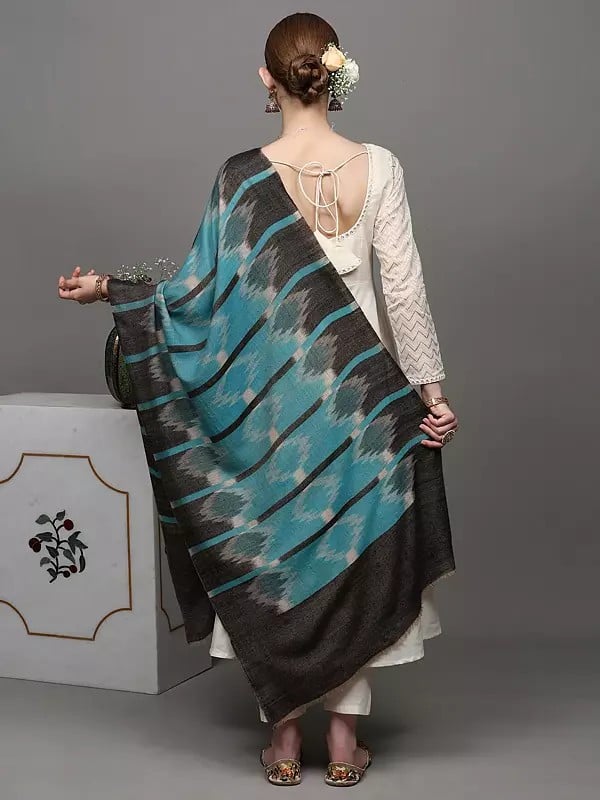 Exotic India Aqua-Blue Pure Pashmina Stole With Ikat Weave 