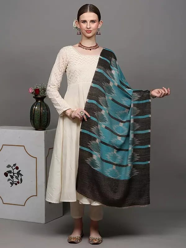 exotic india Aqua-Blue Pure Pashmina Stole with Ikat Weave 