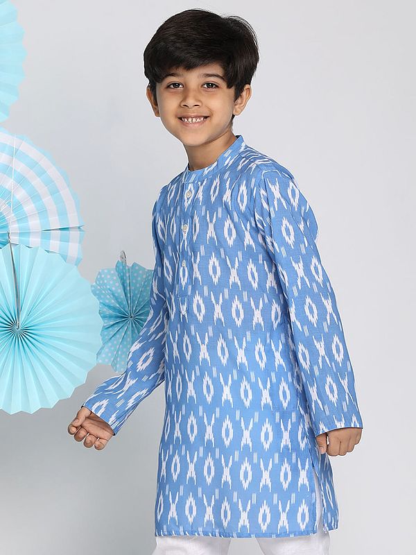 Exotic India Aqua Cotton Blend Ikkat Print Flat Collar Kurta 