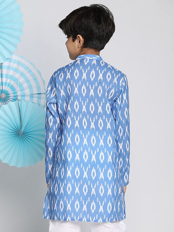 Exotic India Aqua Cotton Blend Ikkat Print Flat Collar Kurta 