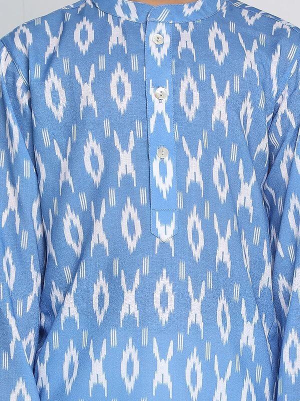 Exotic India Aqua Cotton Blend Ikkat Print Flat Collar Kurta 