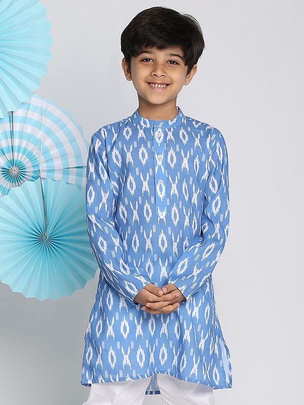 exotic india Aqua Cotton Blend Ikkat Print Flat Collar Kurta 