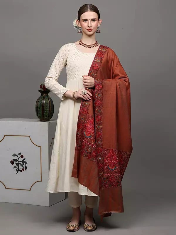 Exotic India Aragon Plain Pure Pashmina Handloom Shawl From Kashmir With Intricate Sozni Embroidered Paisleys On Border 