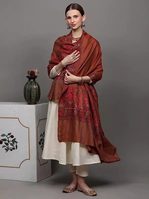 Exotic India Aragon Plain Pure Pashmina Handloom Shawl From Kashmir With Intricate Sozni Embroidered Paisleys On Border 