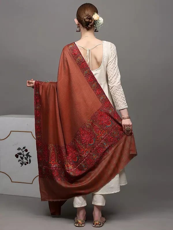 Exotic India Aragon Plain Pure Pashmina Handloom Shawl From Kashmir With Intricate Sozni Embroidered Paisleys On Border 
