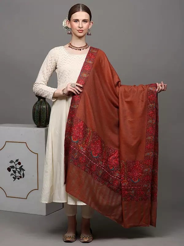 exotic india Aragon Plain Pure Pashmina Handloom Shawl from Kashmir with Intricate Sozni Embroidered Paisleys on Border 