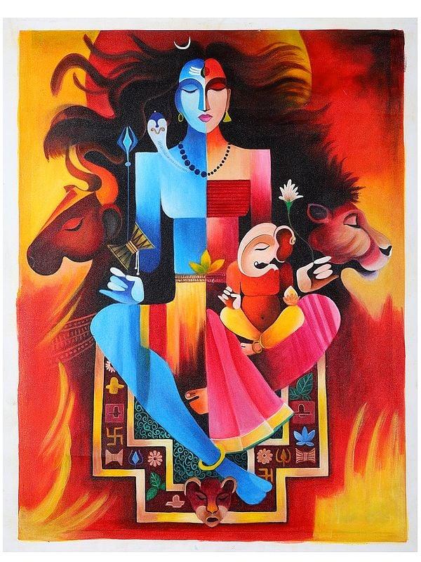 exotic india Ardhanarishvara (Shiva-Shakti) with Ganesha | Oil Painting 