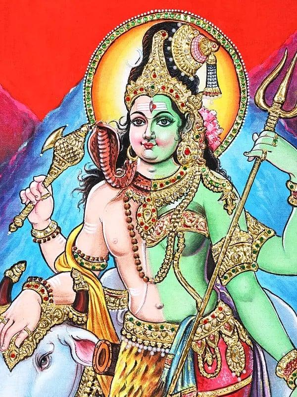 Exotic India Ardhanarishvara (Shiva-Shakti) With Nandi | 24 Karat Gold Work | Framed Tanjore Painting 