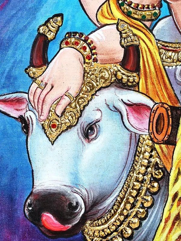 Exotic India Ardhanarishvara (Shiva-Shakti) With Nandi | 24 Karat Gold Work | Framed Tanjore Painting 