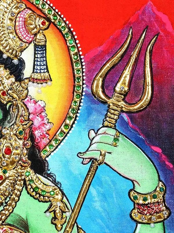 Exotic India Ardhanarishvara (Shiva-Shakti) With Nandi | 24 Karat Gold Work | Framed Tanjore Painting 