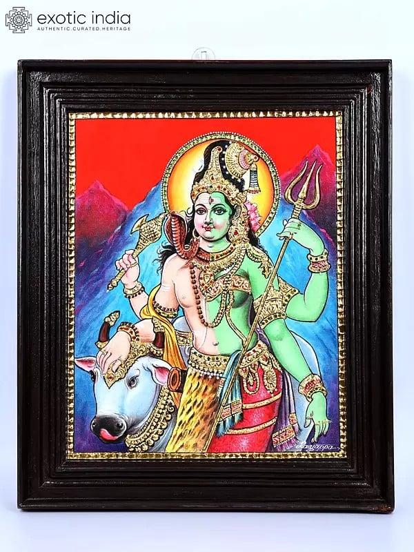 exotic india Ardhanarishvara (Shiva-Shakti) with Nandi | 24 Karat Gold Work | Framed Tanjore Painting 