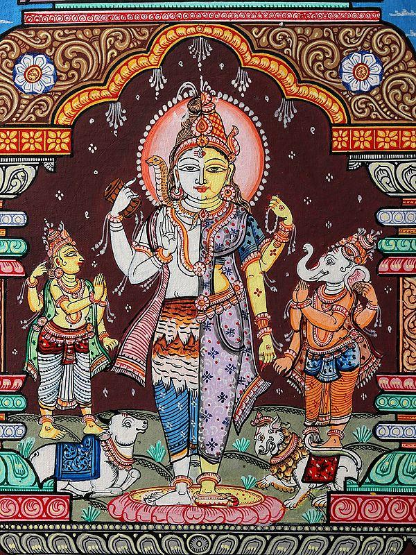 Exotic India Ardhanarishvara With Ganesha And Karttikeya | Patachitra Painting 