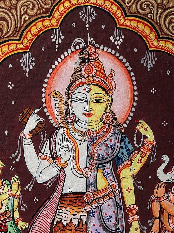 Exotic India Ardhanarishvara With Ganesha And Karttikeya | Patachitra Painting 