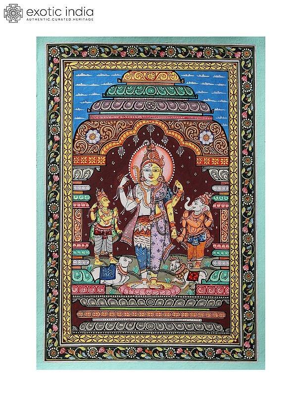 exotic india Ardhanarishvara with Ganesha and Karttikeya | Patachitra Painting 