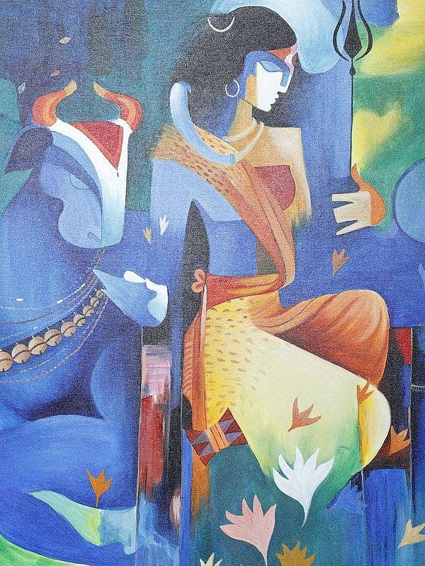 Exotic India Ardhanarishwara With Nandi Oil Painting On Canvas 