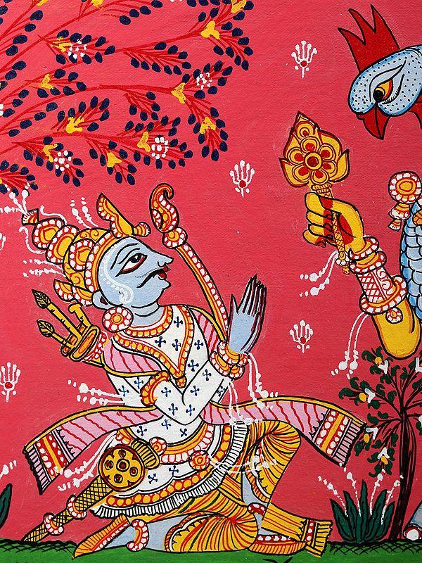 Exotic India Arjuna Bows To Navagunjara - Composite Form Of Lord Krishna | Pattachitra Painting From Odisha 