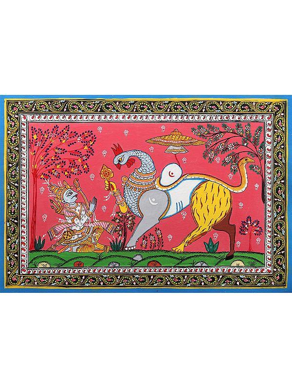 exotic india Arjuna Bows to Navagunjara - Composite Form of Lord Krishna | Pattachitra Painting from Odisha