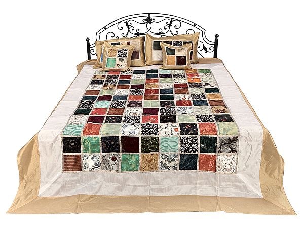 Exotic India Art Silk Gold Print Multicolored Patch Work Bedcover In White And Gold Color From Jaipur 