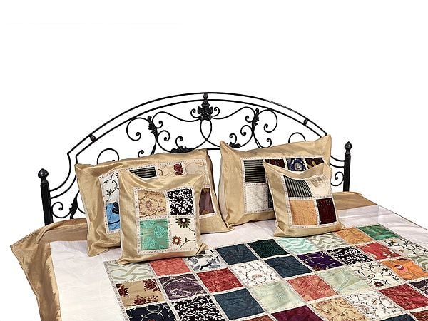 Exotic India Art Silk Gold Print Multicolored Patch Work Bedcover In White And Gold Color From Jaipur 