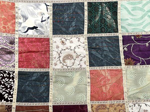 Exotic India Art Silk Gold Print Multicolored Patch Work Bedcover In White And Gold Color From Jaipur 