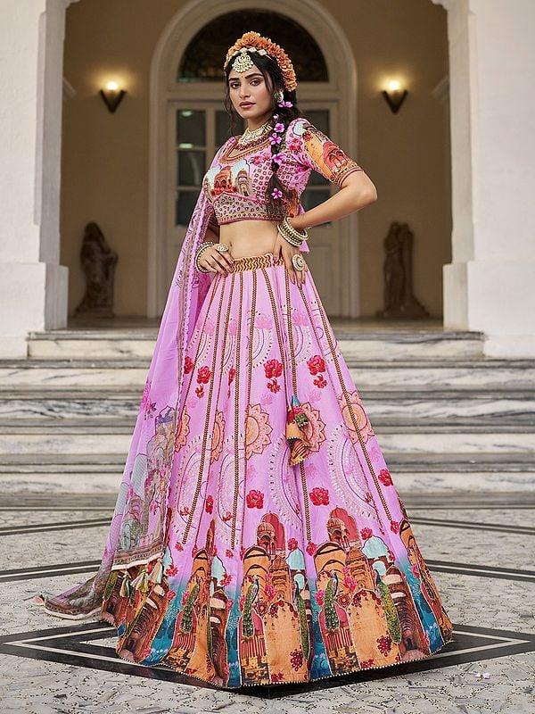 Exotic India Art Silk Temple And Peacock Motifs Print Sequins Work Attractive Lehenga Choli With Dupatta 
