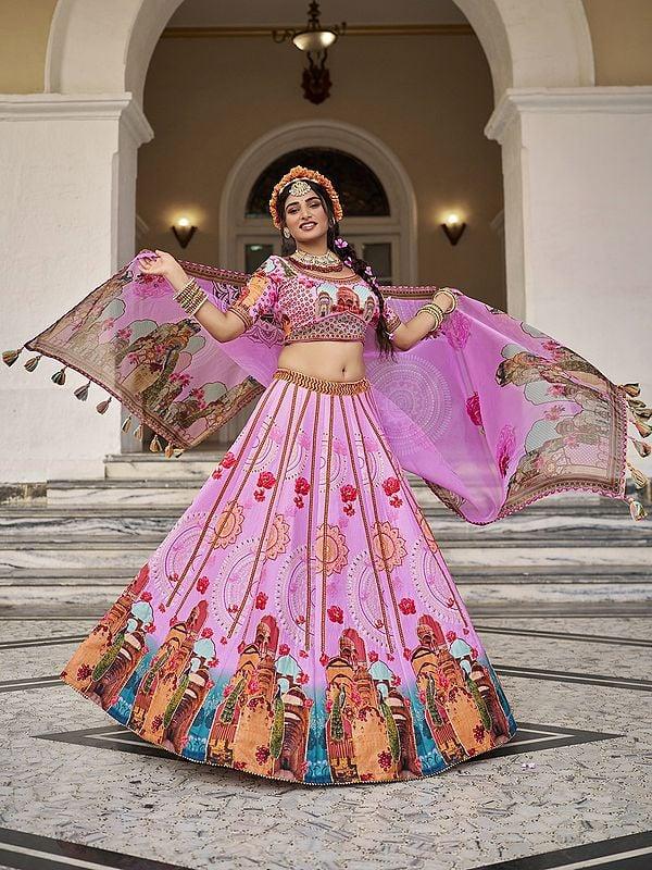 Exotic India Art Silk Temple And Peacock Motifs Print Sequins Work Attractive Lehenga Choli With Dupatta 