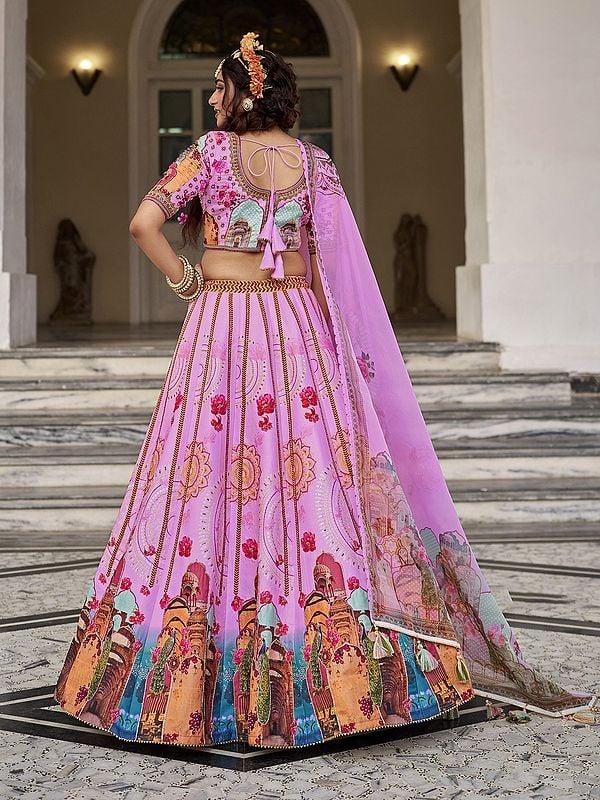 Exotic India Art Silk Temple And Peacock Motifs Print Sequins Work Attractive Lehenga Choli With Dupatta 