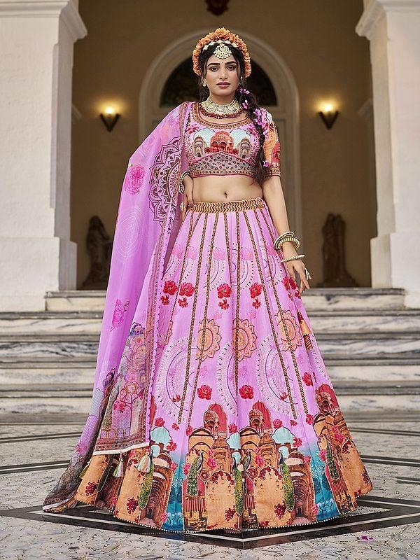 exotic india Art Silk Temple And Peacock Motifs Print Sequins Work Attractive Lehenga Choli With Dupatta